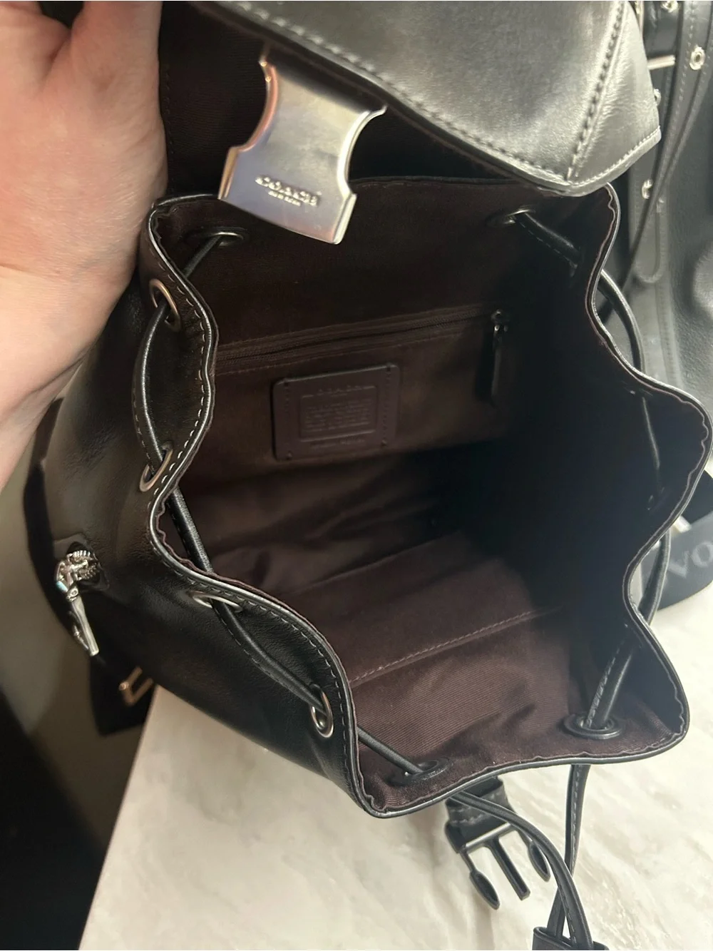 Coach Black Leather Logo Drawstring Backpack - Picture 2 of 12